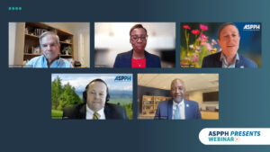 Five individuals participating in an ASPPH Presents Webinar on Zoom