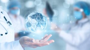 Healthcare professionals observing a floating digital globe with medical icons, symbolizing global health