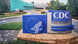 Sign outside the CDC Edward R. Roybal campus with the Department of Health and Human Services logo and the Centers for Disease Control and Prevention logo