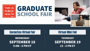 Graphic for TIPH Graduate School Fair CareerEco Virtual Fair on Sept 18, 9 AM-5 PM ET, and Virtual Mini Fair on Sept 19, 12-2 PM ET, featuring two people on laptops