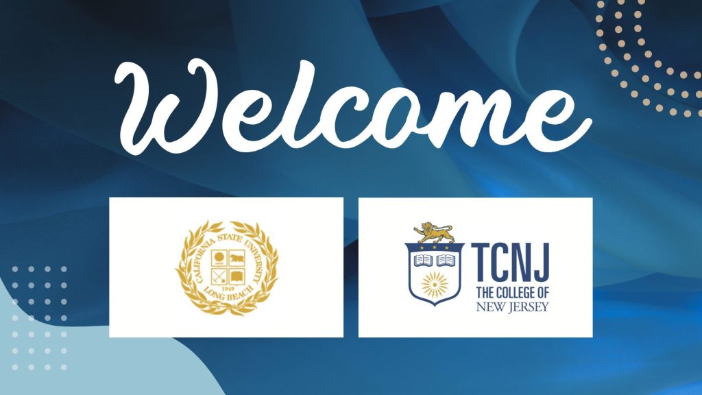 Welcome graphic with logos of California State University Long Beach and The College of New Jersey on a blue abstract background