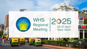 busy street in New Delhi with autorickshaws and buildings in the background featuring the WHS Regional Meeting 2025 logo and details