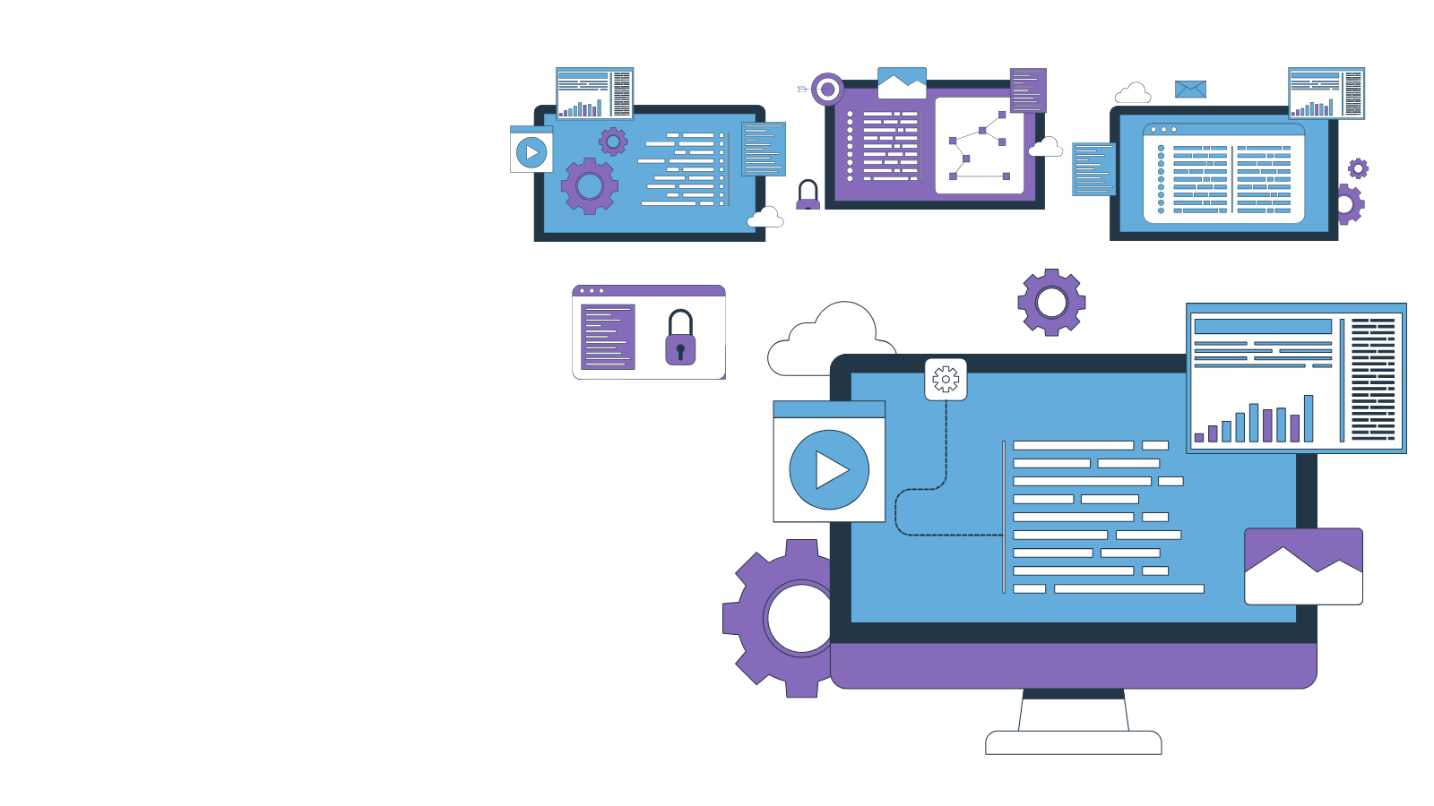 A graphic of computer screens displaying various charts, documents, and icons.