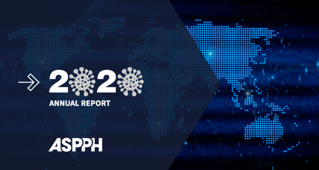 2020 Annual report cover with germ icons to replaces the zeroes and a background photo of a pixeled world map