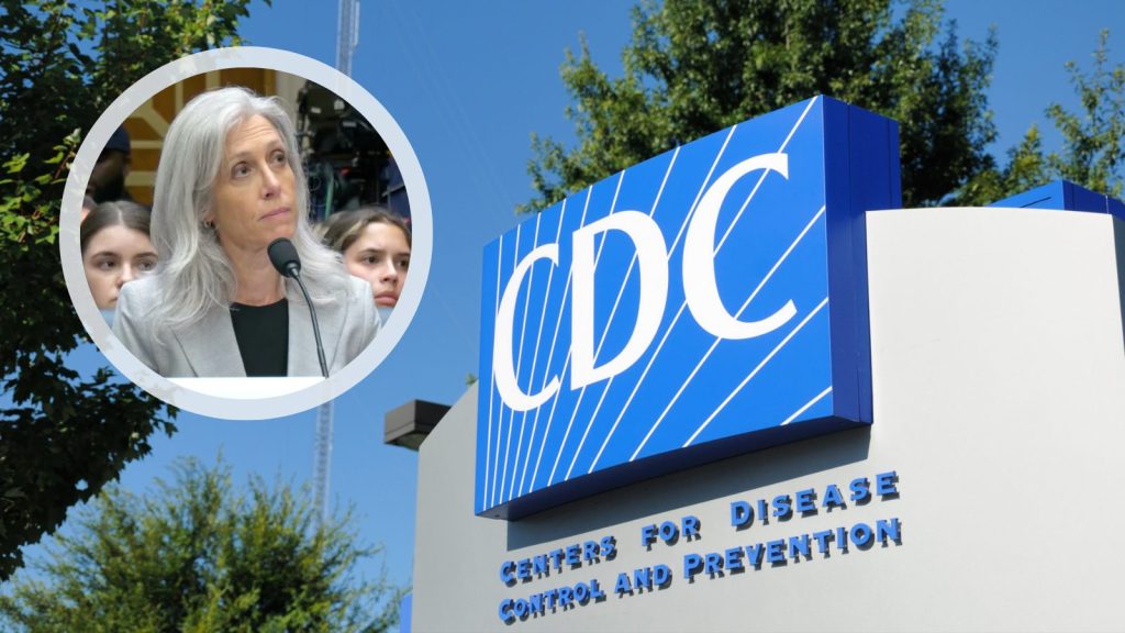 CDC headquarters sign with inset of Dr. Susan Monarez speaking at microphone during testimony