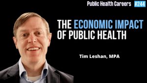 Headshot of Tim Leshan, MPA, with text reading “The Economic Impact of Public Health,” Public Health Careers #244