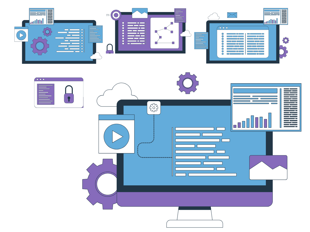 A graphic of computer screens displaying various charts, documents, and icons.