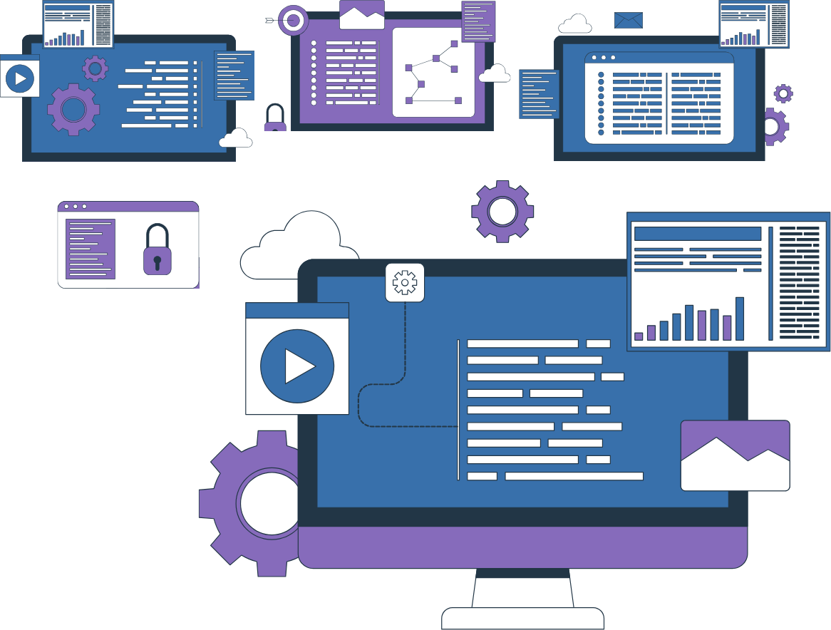 Computer screens and technology symbols