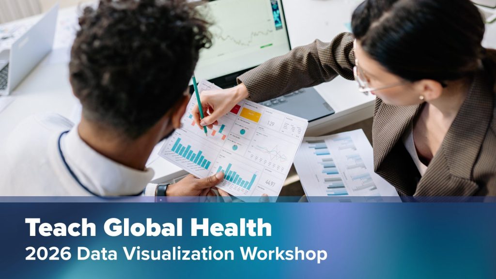 Teach Global Health text with image of two people collaborating on a project